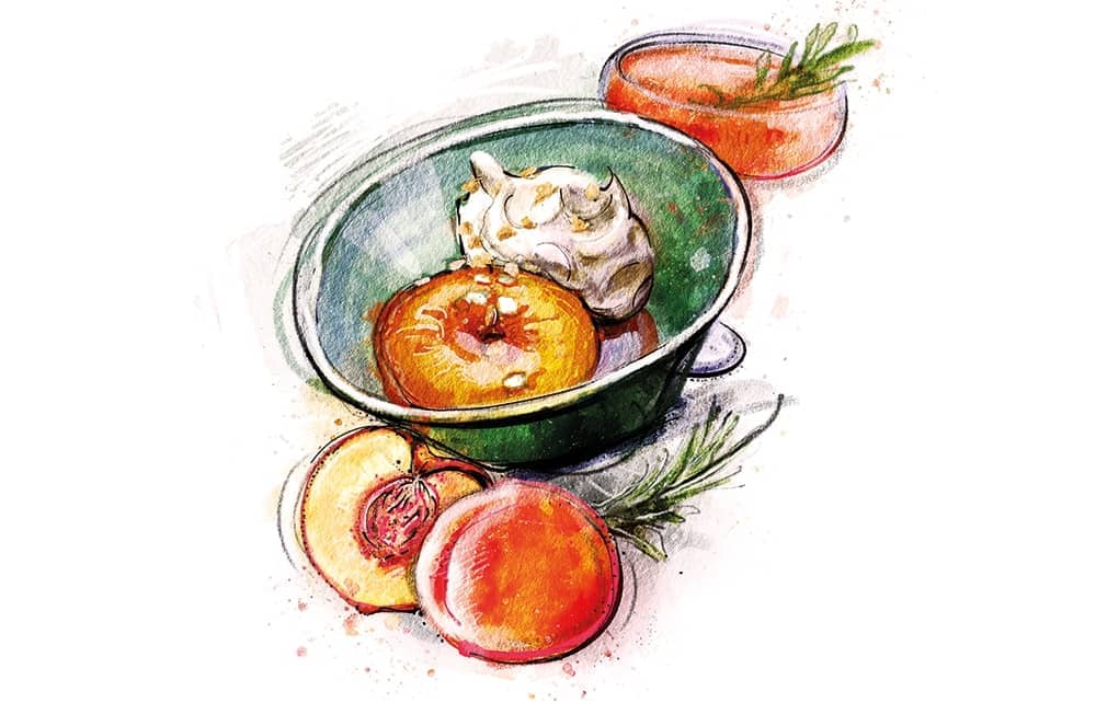 Small Watercolor Painting - Poached good Peach in Syrup in White Plate